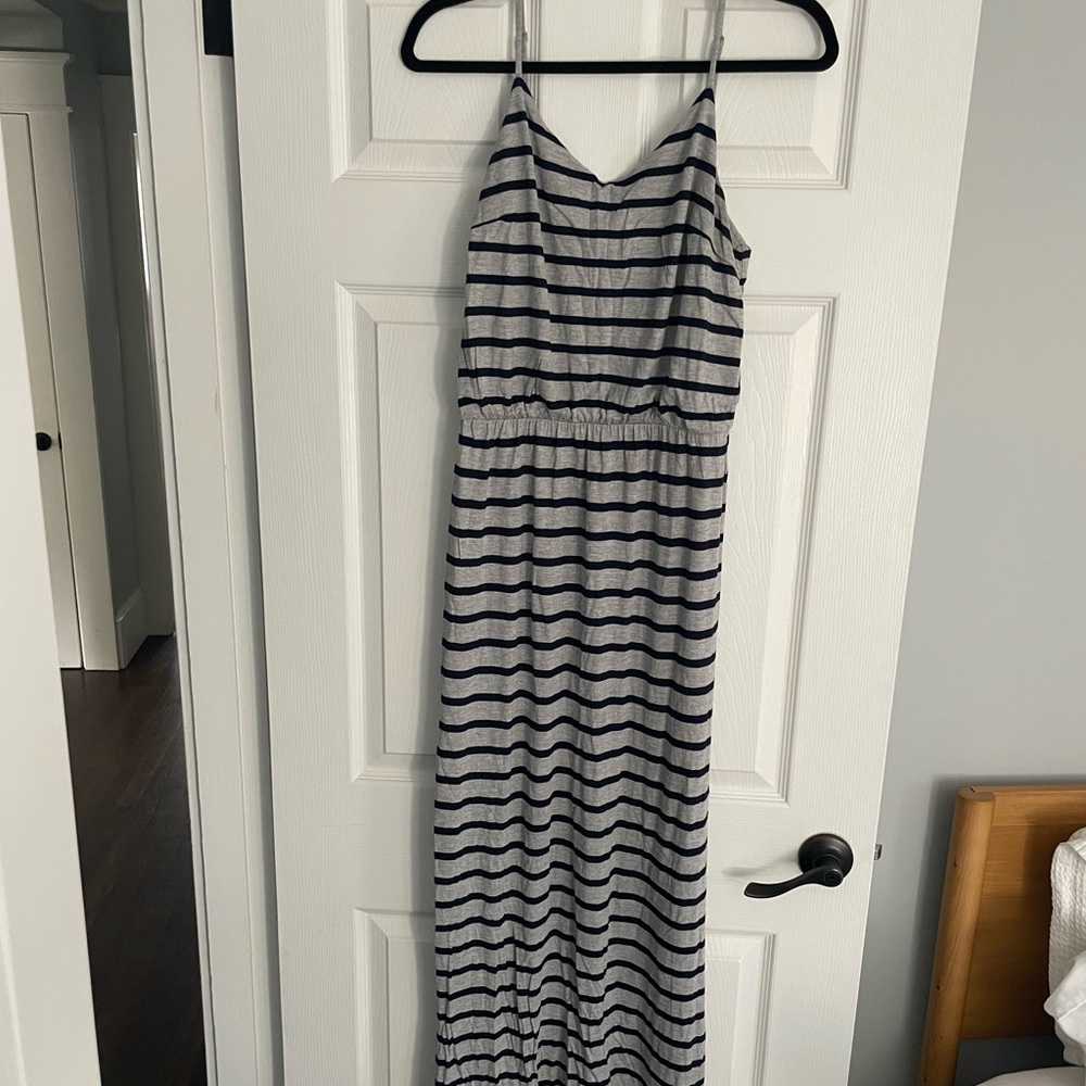 Gap 100% rayon maxi dress. Gray with navy stripes. Size medium.